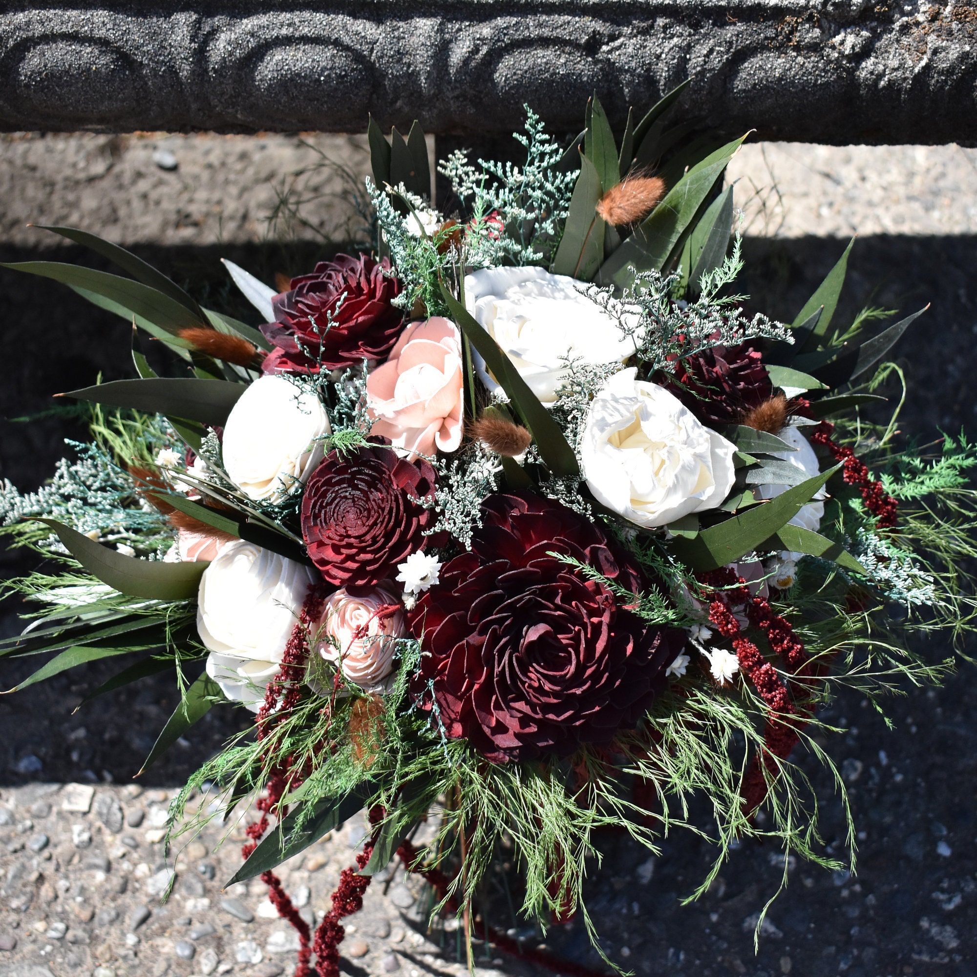 Maroon and Olive Wood Wedding Sola Flower Bouquet, "Old Hollywood" - Thumbnail 7