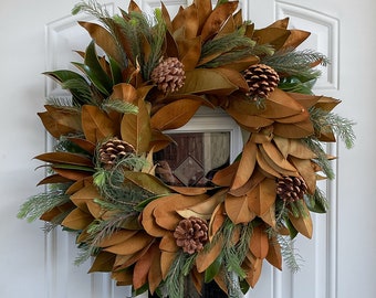 Fresh Magnolia, Pine Aussi, and Pinecone Fall Greenery Wreath