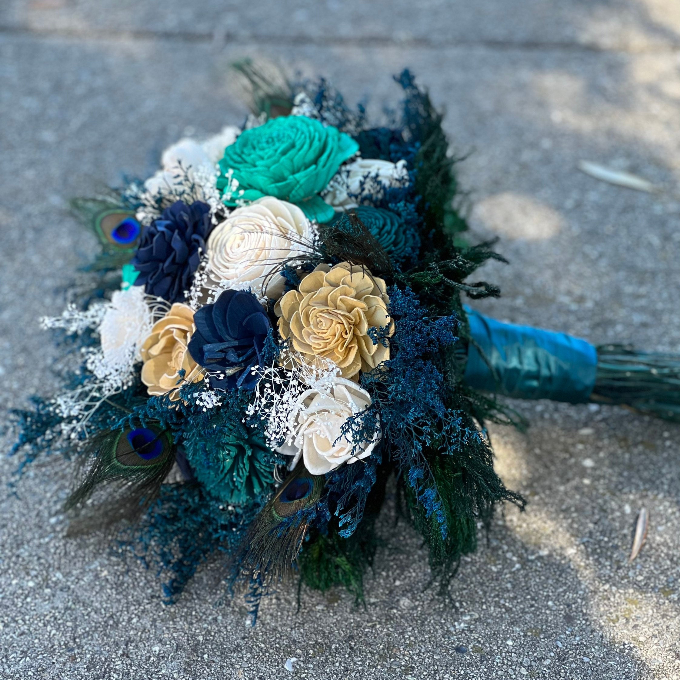 Ivory and Peacock Wood Wedding Sola Flower Bouquet // "Paon De Mer" - Thumbnail 3