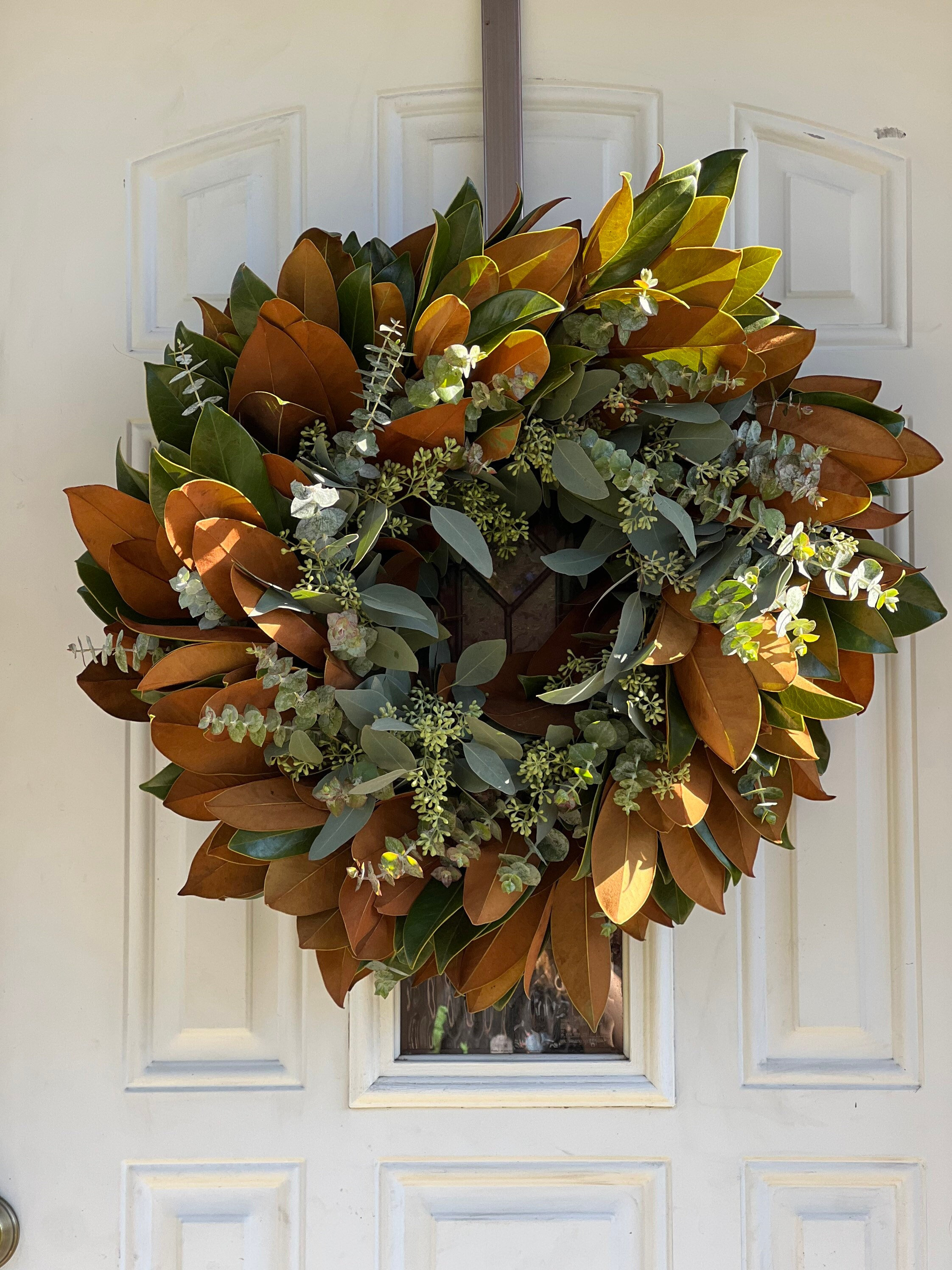 Fresh Magnolia, Seeded Eucalyptus, and Spiral Eucalyptus Fall Greenery Wreath