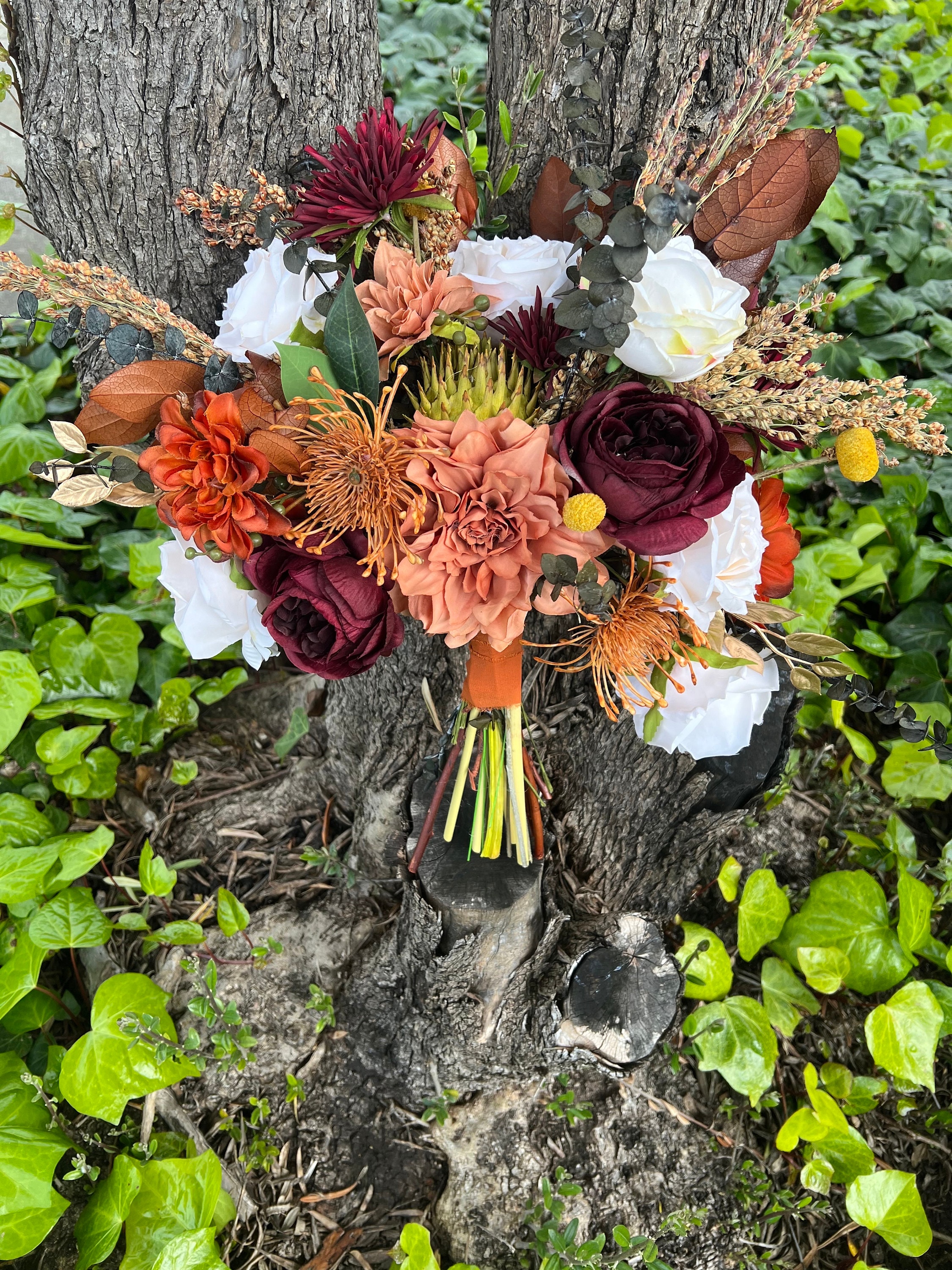 Terracotta and Burgundy Artificial Flower Wedding Bouquet, "High Sierra" - Thumbnail 2