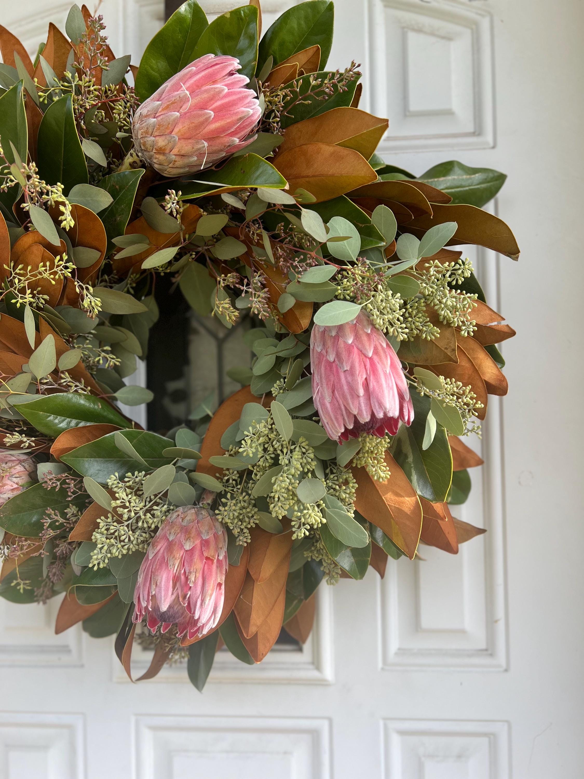 Fresh Magnolia, Seeded Eucalyptus, and Protea Fall Greenery Wreath - Thumbnail 5