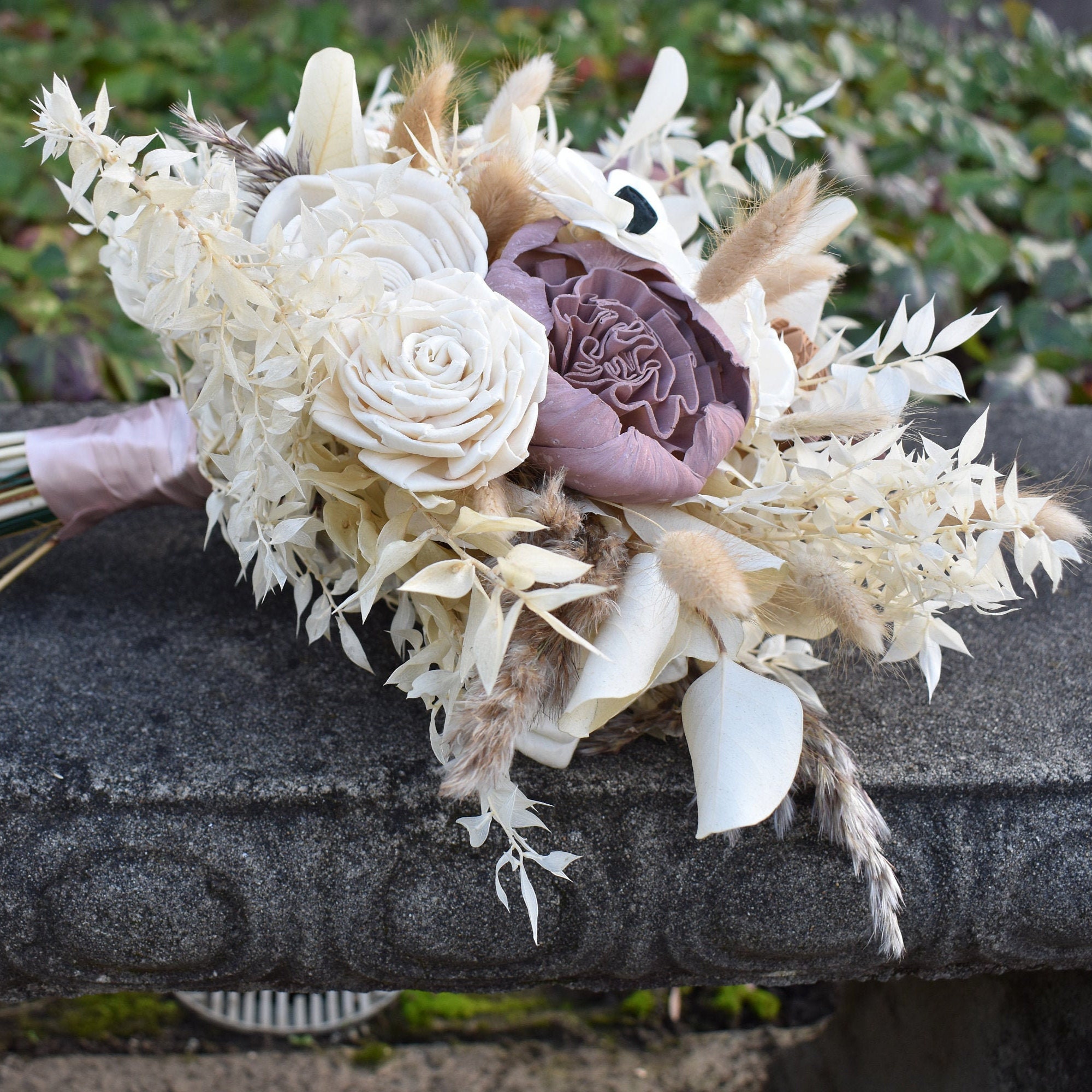 Nude, Ivory, and Mauve Wood Sola Wedding Flower Bouquet, "Champagne Dreams" - Thumbnail 4