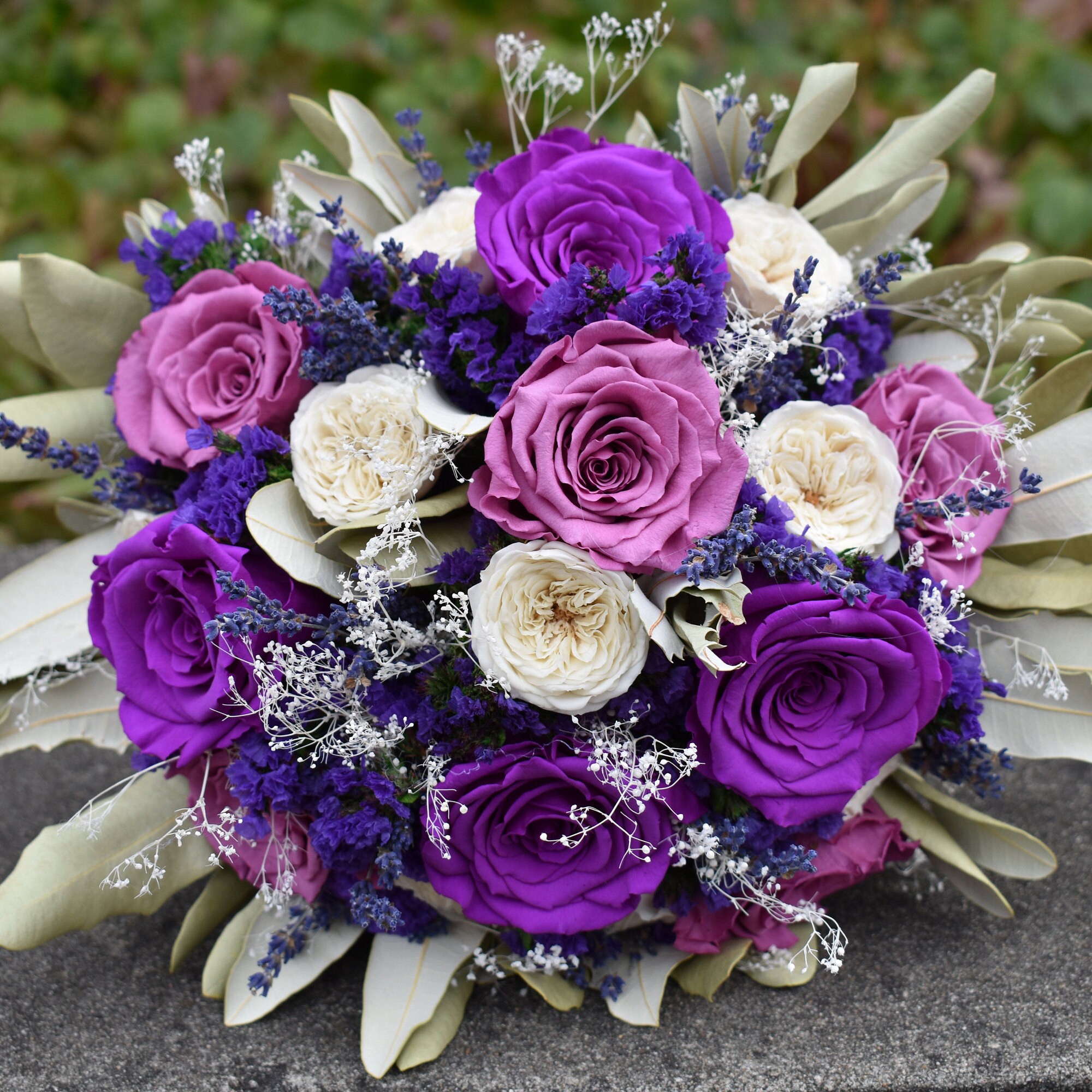 Violet and Purple Real Preserved Rose Flower Bouquet, Great for Weddings! - Thumbnail 3