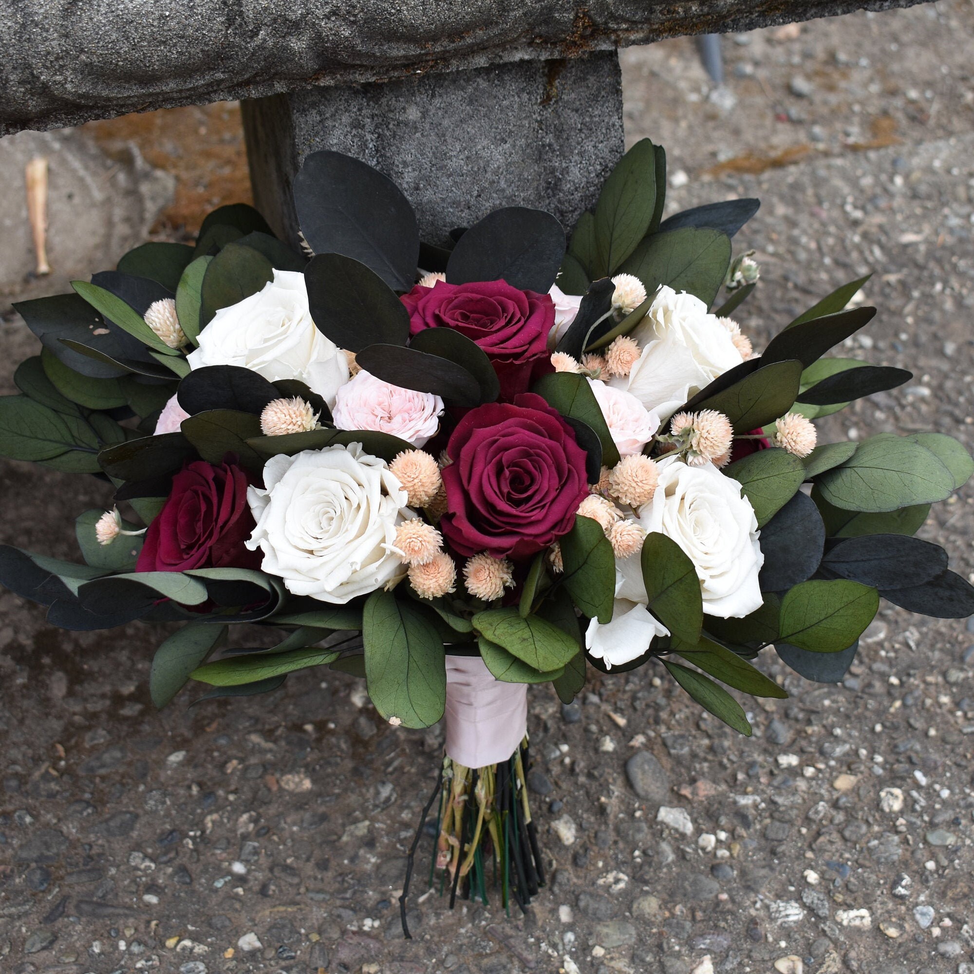Wine and Blush Real Preserved Rose Wedding Flower Bouquet - Thumbnail 2