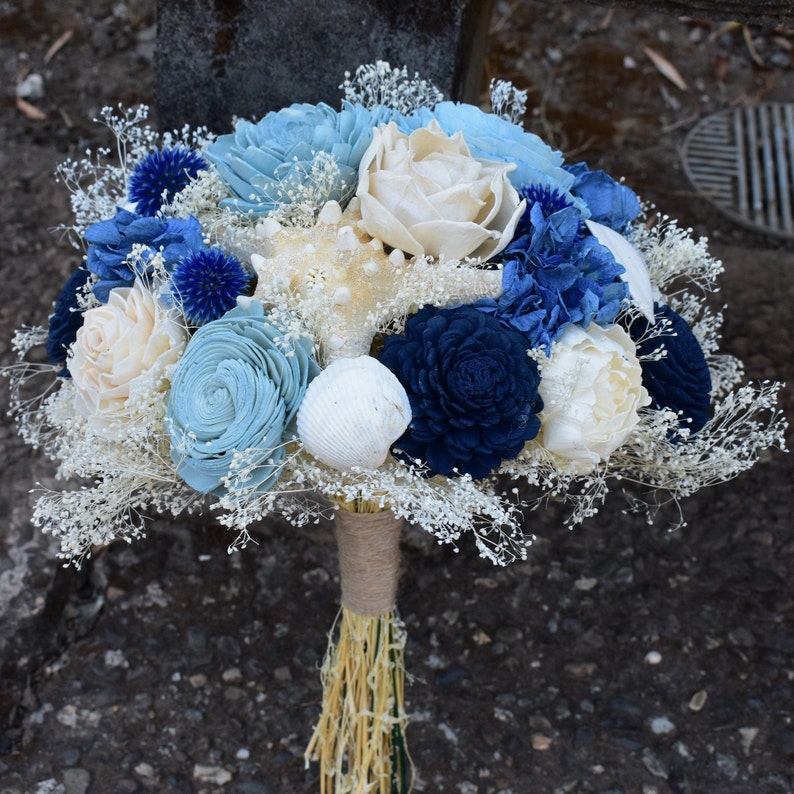 Wood Flower Bouquet and Slate Sola Flower Bouquet Nautical Blues Wedding Bouquet Gift for Her Bridal Blue Ivory Keepsake Bouquet