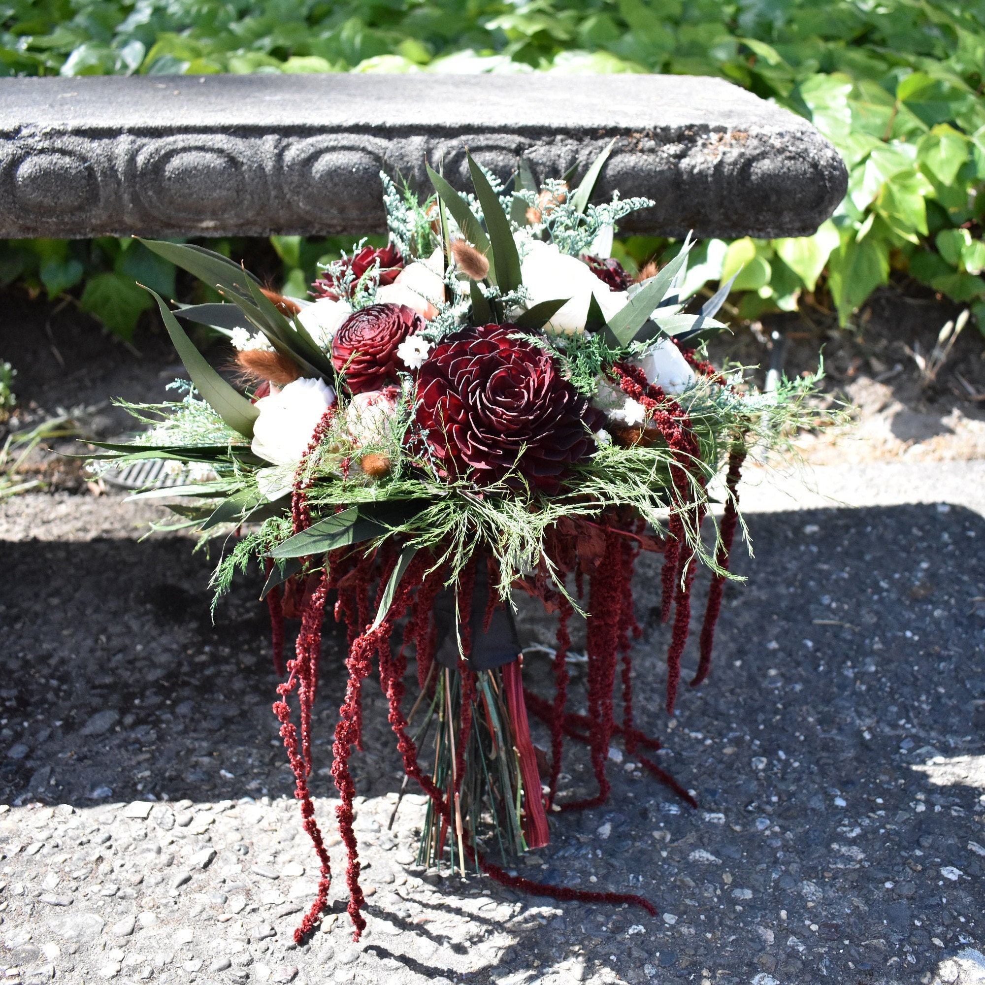 Maroon and Olive Wood Wedding Sola Flower Bouquet, "Old Hollywood" - Thumbnail 2