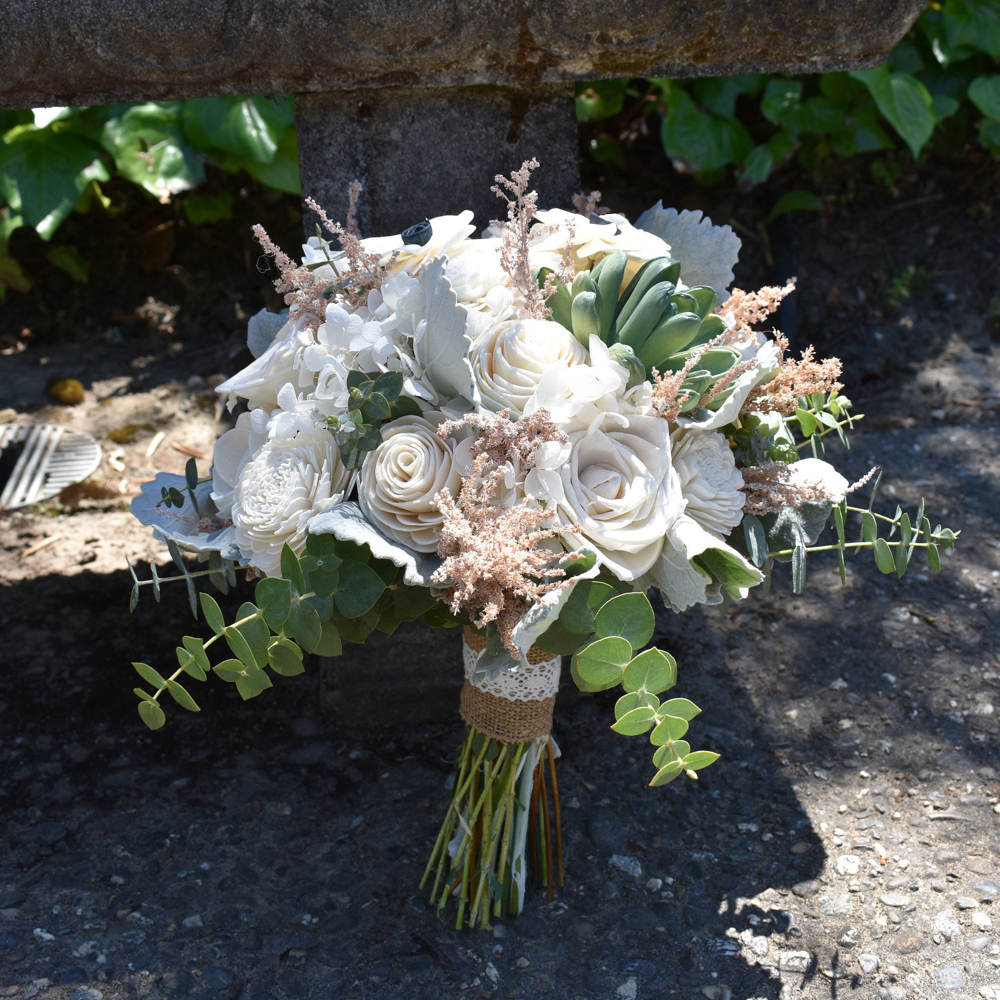 Succulent and Cream Wood Wedding Sola Flower Bouquet "Simply Sweet"