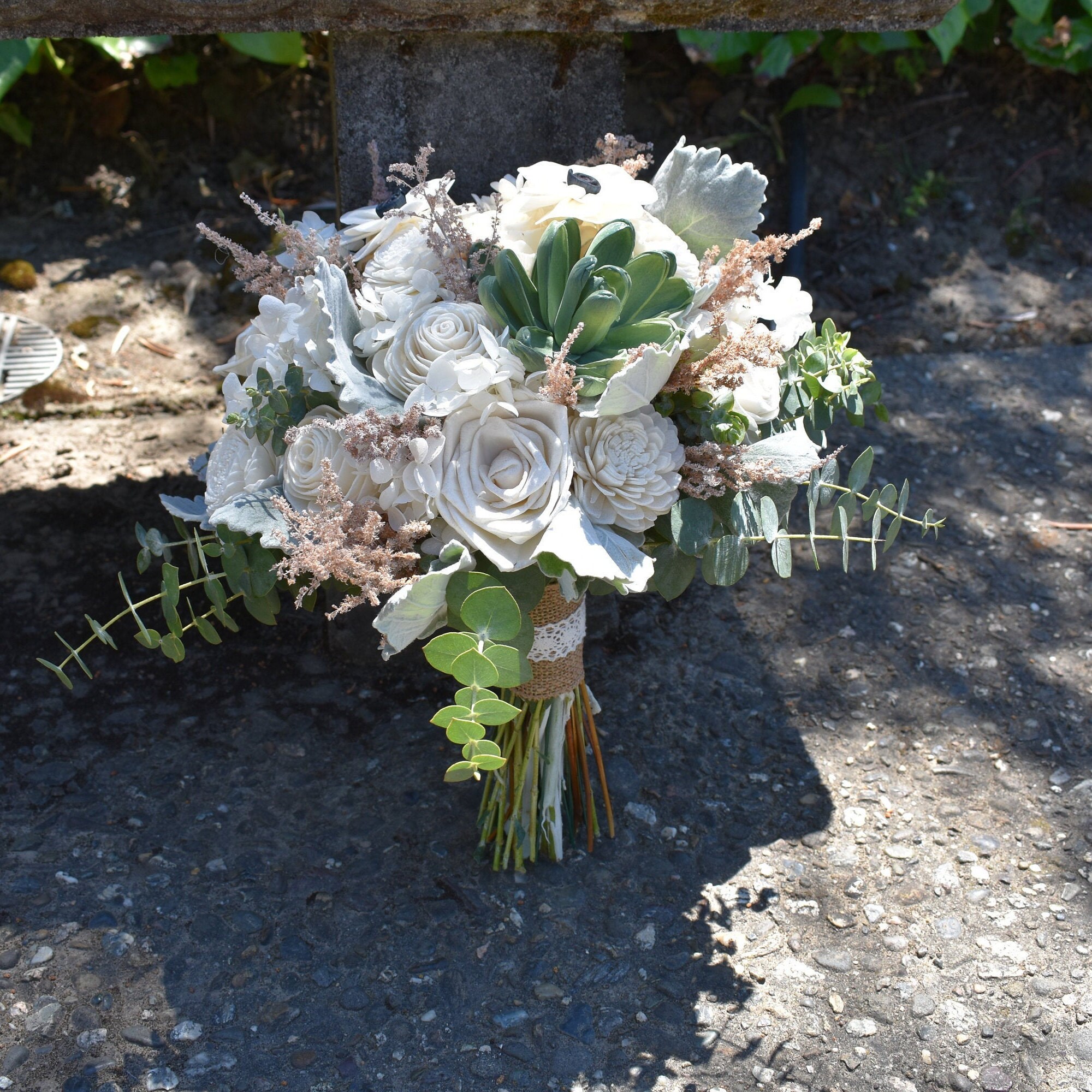 Succulent and Cream Wood Wedding Sola Flower Bouquet "Simply Sweet" - Thumbnail 2