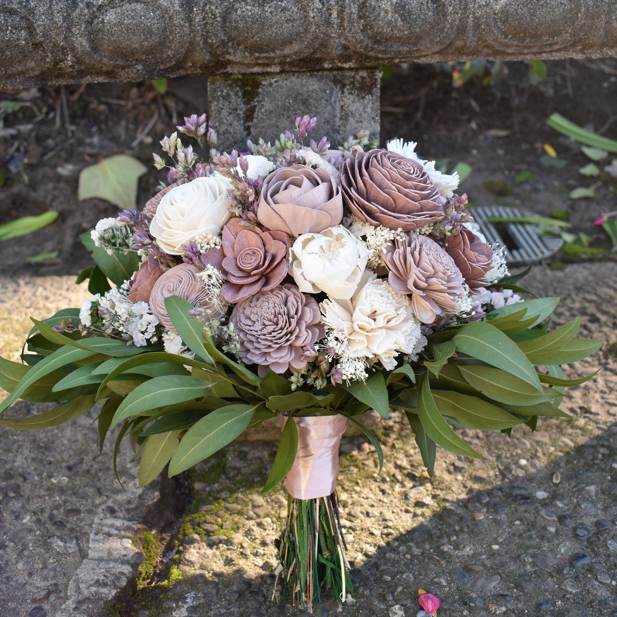 White and Mauve Wood Wedding Sola Flower Bouquet "French Cottage"