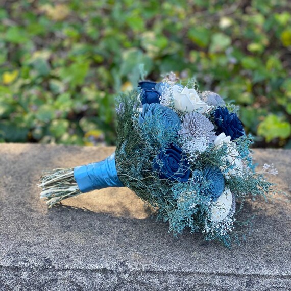 Steel Blue and Navy Wood Wedding Sola Flower Bouquet, 