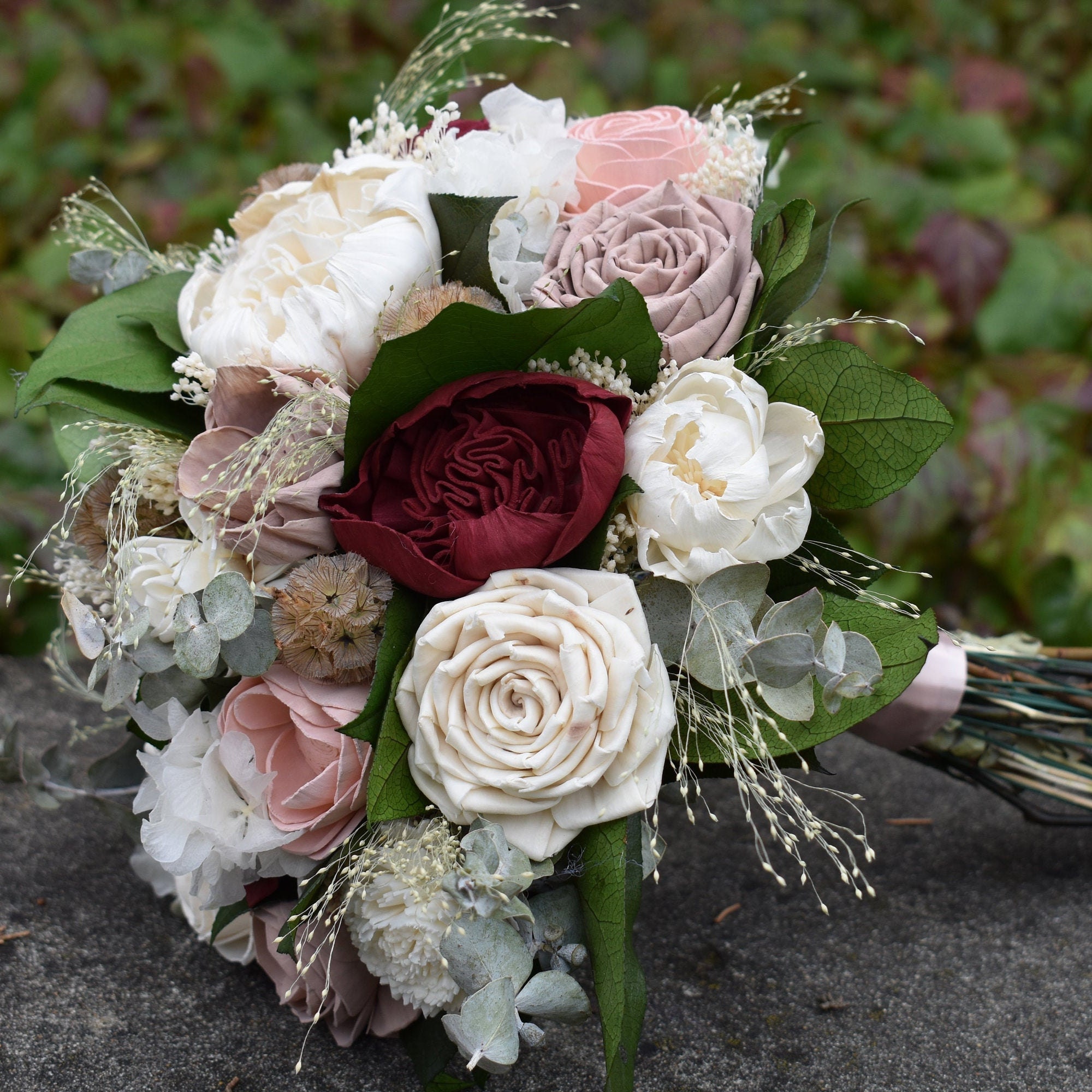 Burgundy and Ivory Wood Wedding Sola Flower Bouquet "Burgundy Rose" - Thumbnail 6
