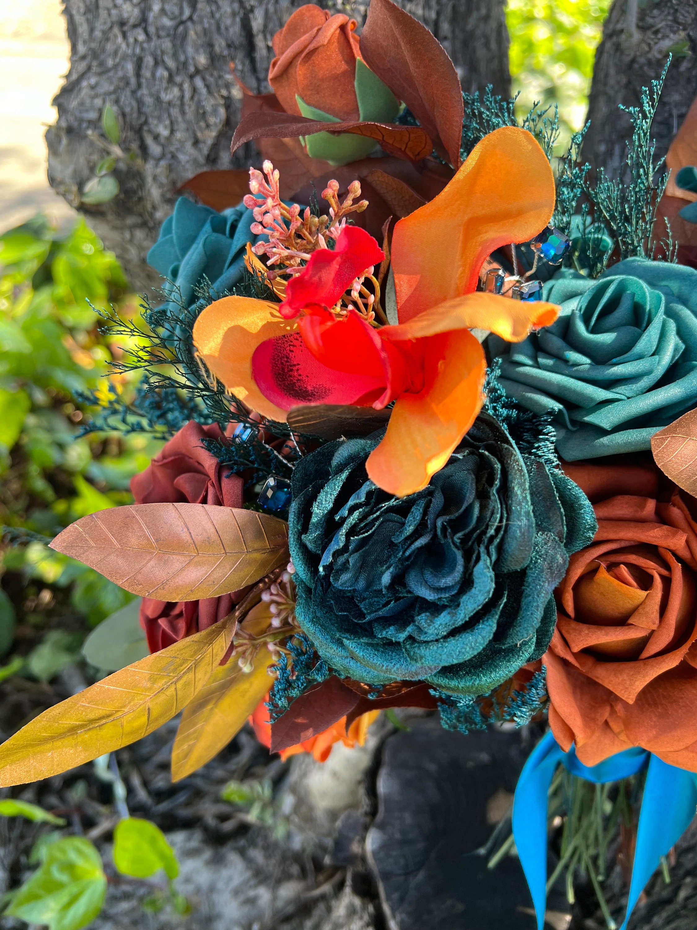 Teal and Orange Artificial Flower Wedding Bouquet, "Mystic Mermaid" - Thumbnail 4
