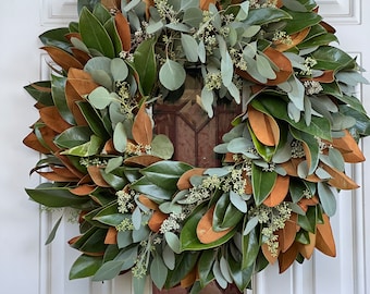 Fresh Seeded Eucalyptus and Magnolia  Wreath, Handmade with Fresh Greenery