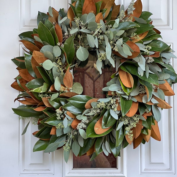 Fresh Seeded Eucalyptus and Magnolia  Wreath, Handmade with Fresh Greenery