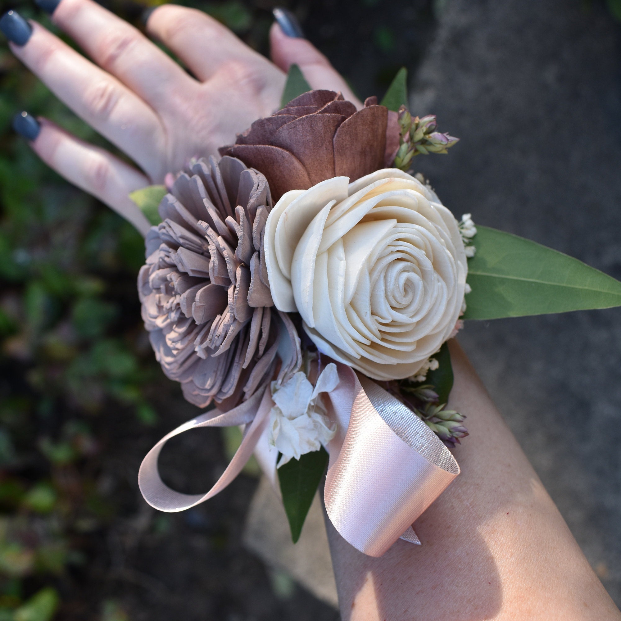 White and Pink Wood Sola Flower Corsage "French Cottage"