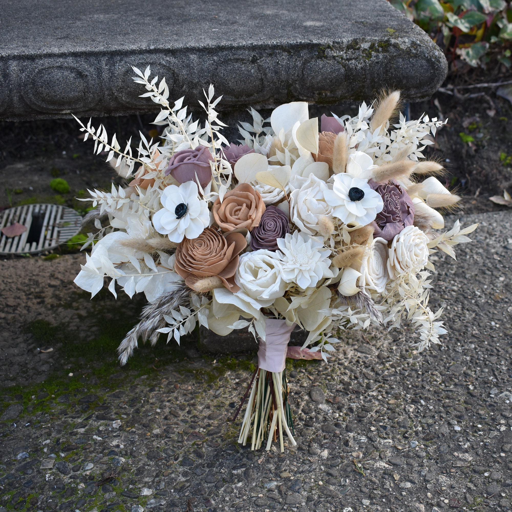 Nude, Ivory, and Mauve Wood Sola Wedding Flower Bouquet, "Champagne Dreams"