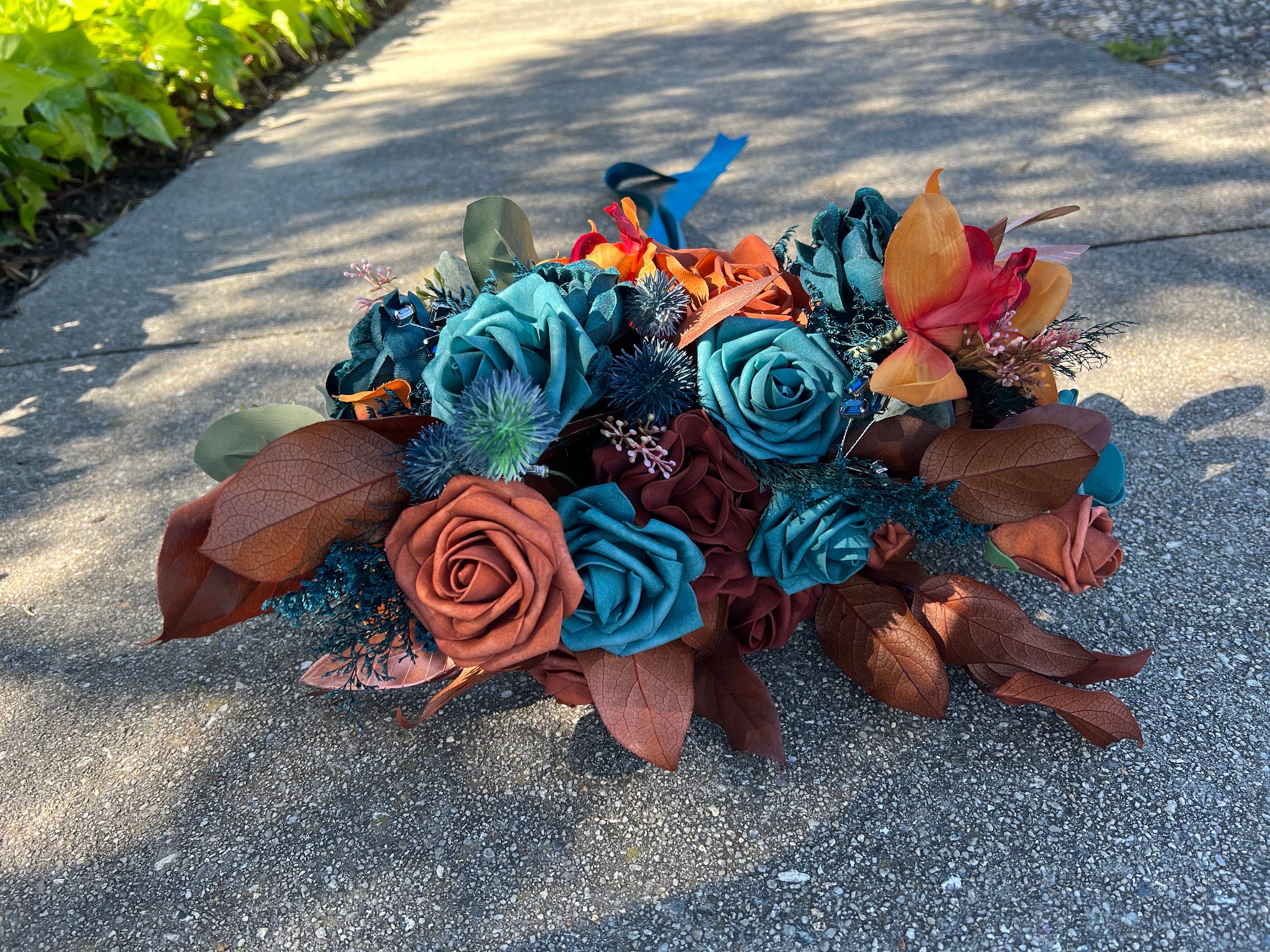Teal and Orange Artificial Flower Wedding Bouquet, "Mystic Mermaid" - Thumbnail 5