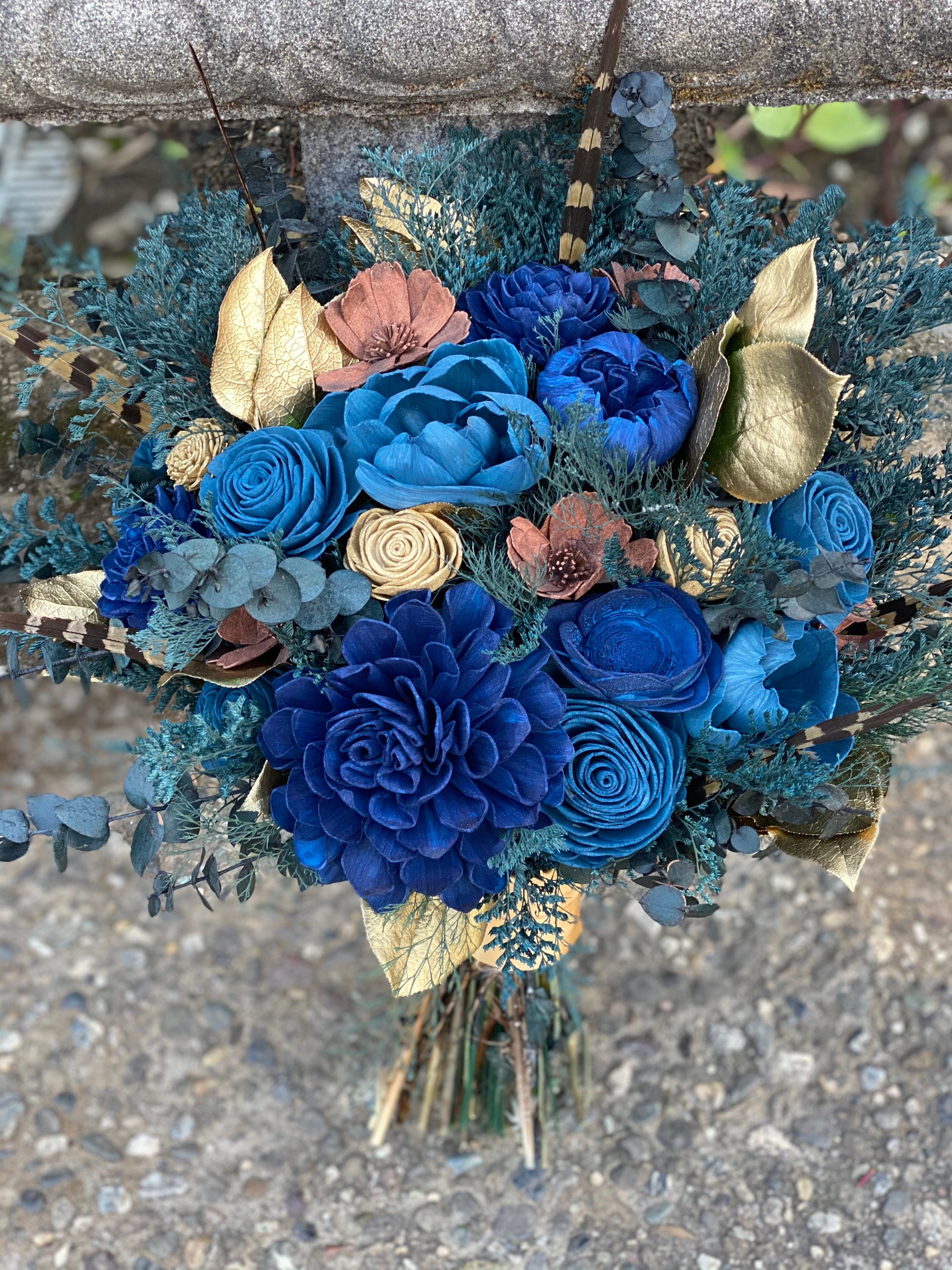 Blue and Gold Art Deco Wood Wedding Sola Flower Bouquet, With