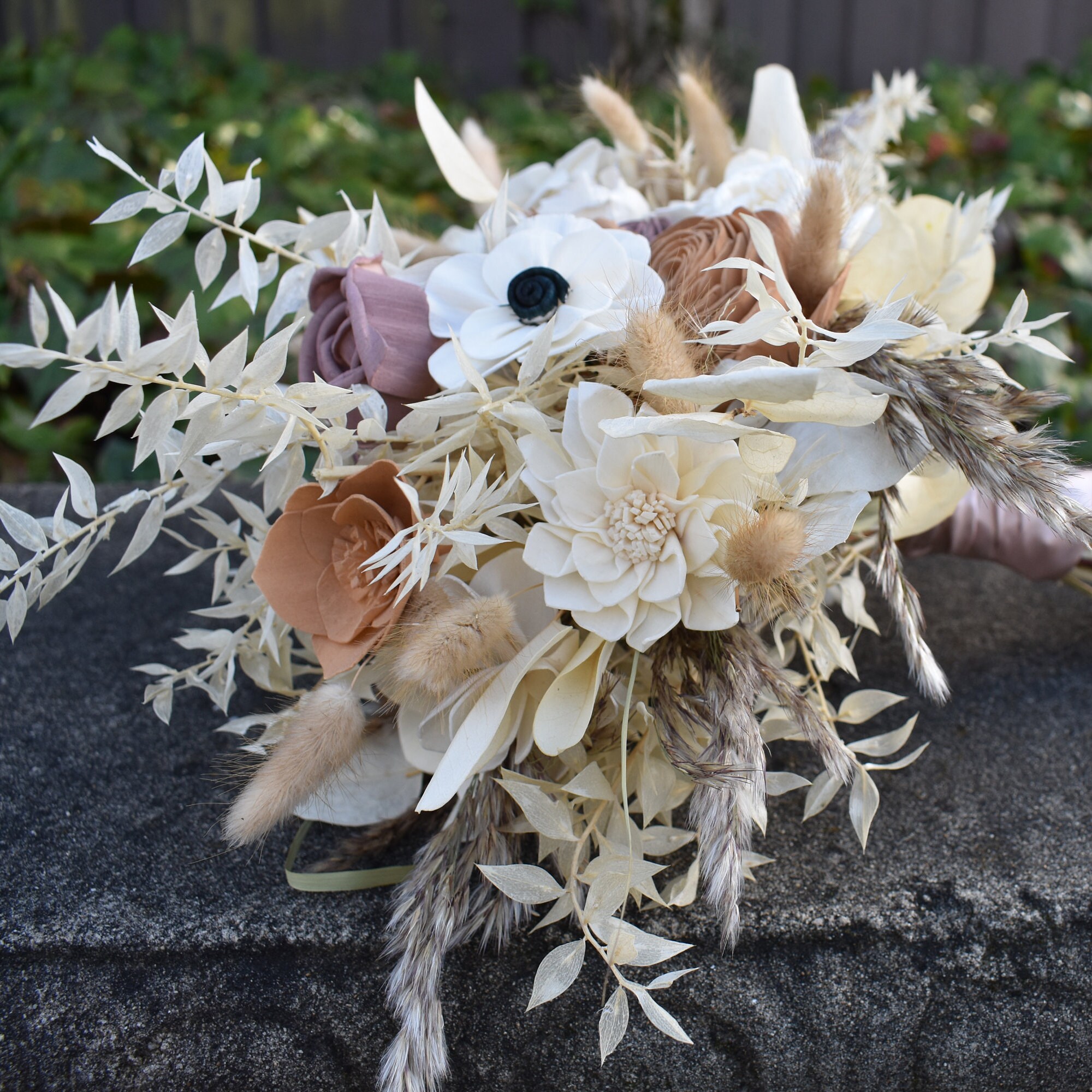 Nude, Ivory, and Mauve Wood Sola Wedding Flower Bouquet, "Champagne Dreams" - Thumbnail 5