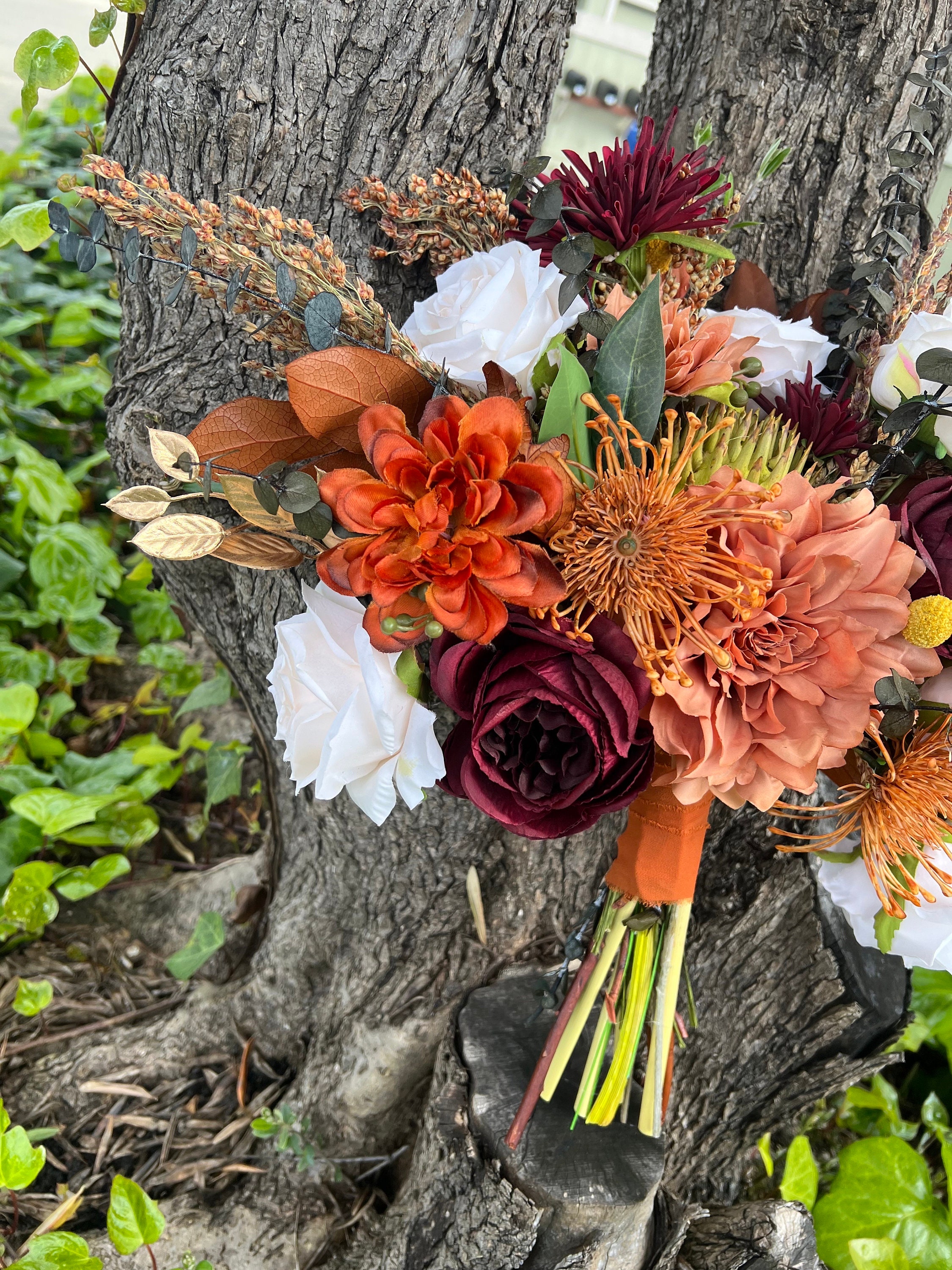 Terracotta and Burgundy Artificial Flower Wedding Bouquet, "High Sierra" - Thumbnail 3