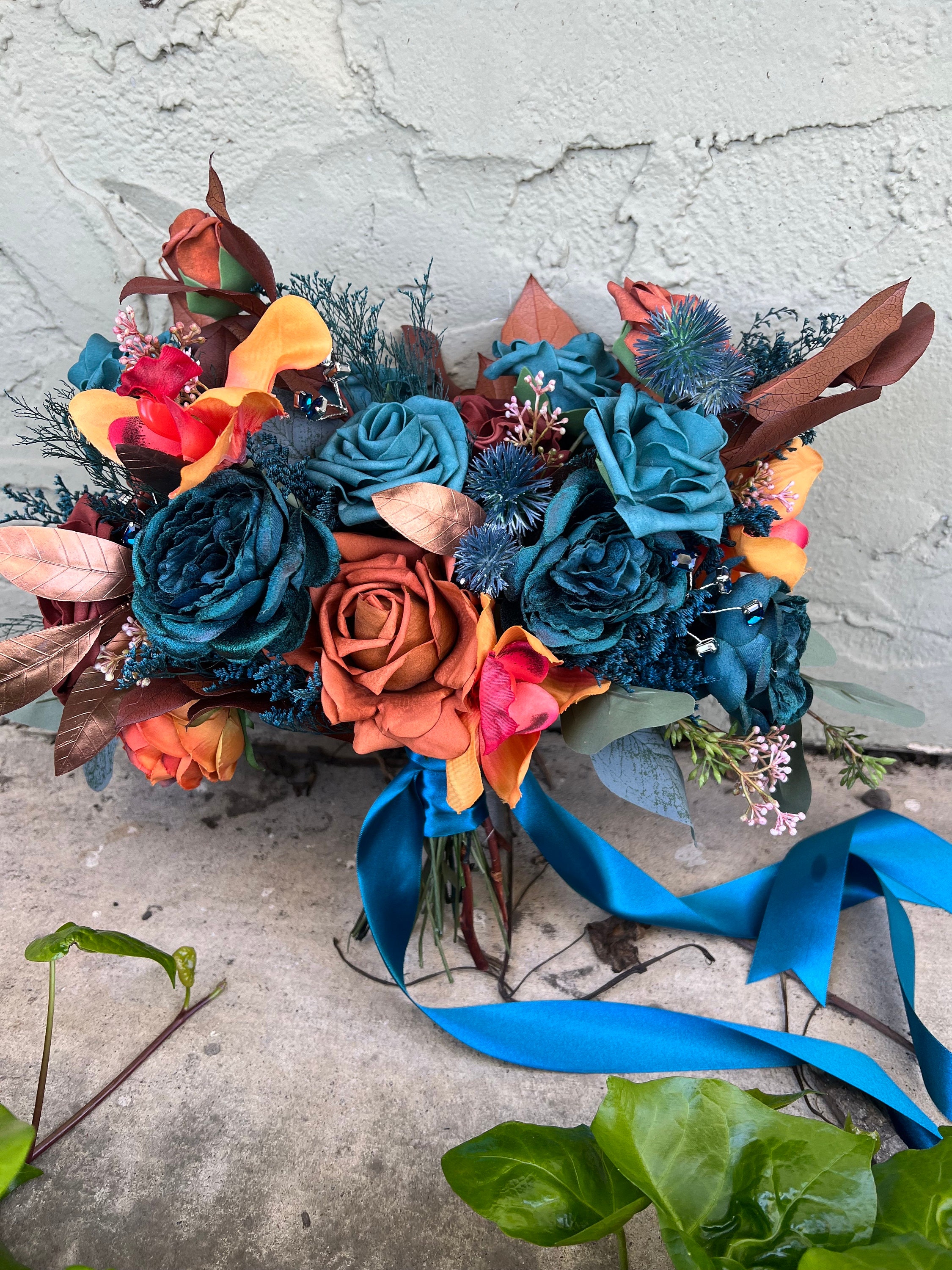 Teal and Orange Artificial Flower Wedding Bouquet, "Mystic Mermaid"