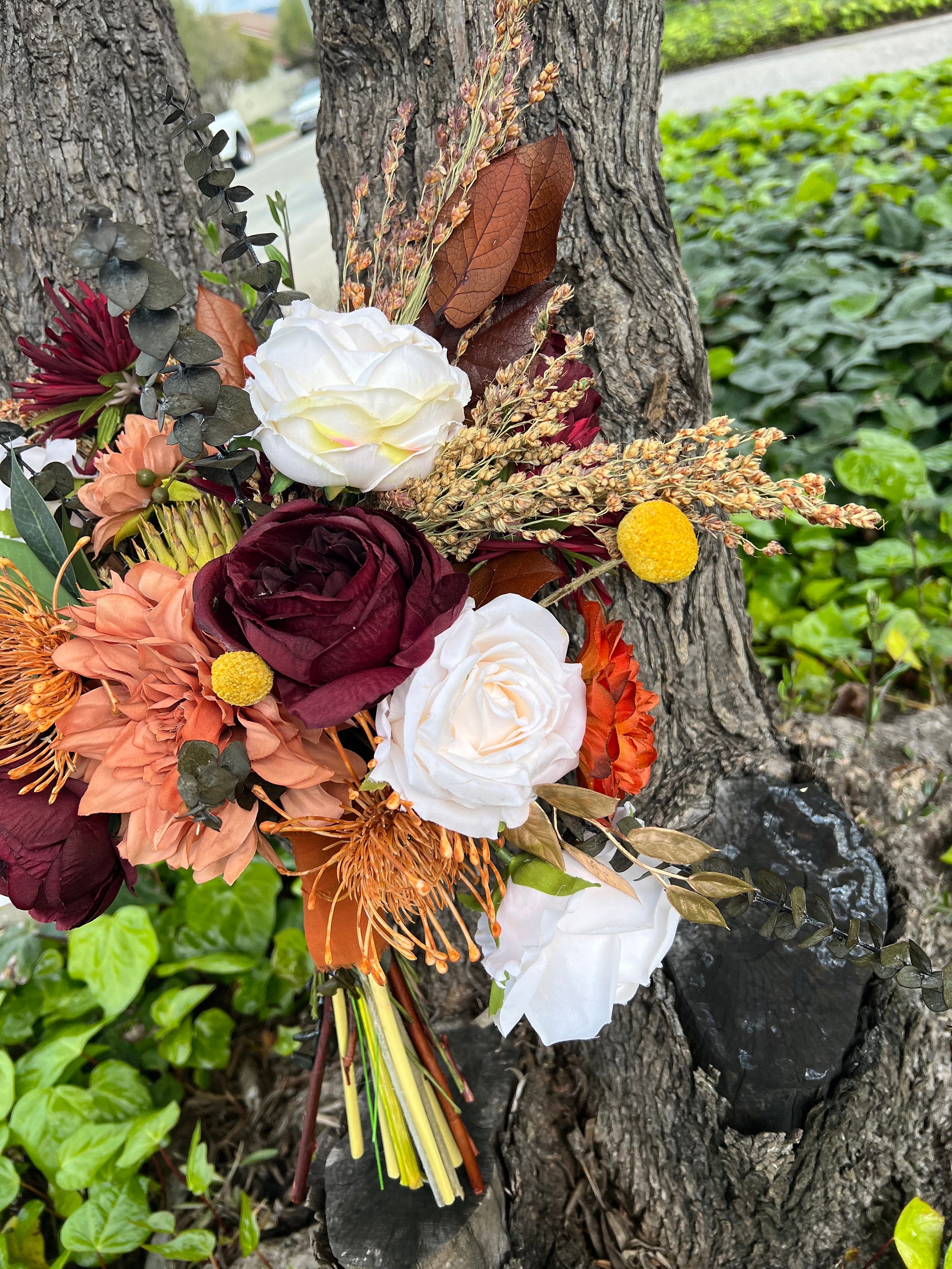 Terracotta and Burgundy Artificial Flower Wedding Bouquet, "High Sierra" - Thumbnail 4