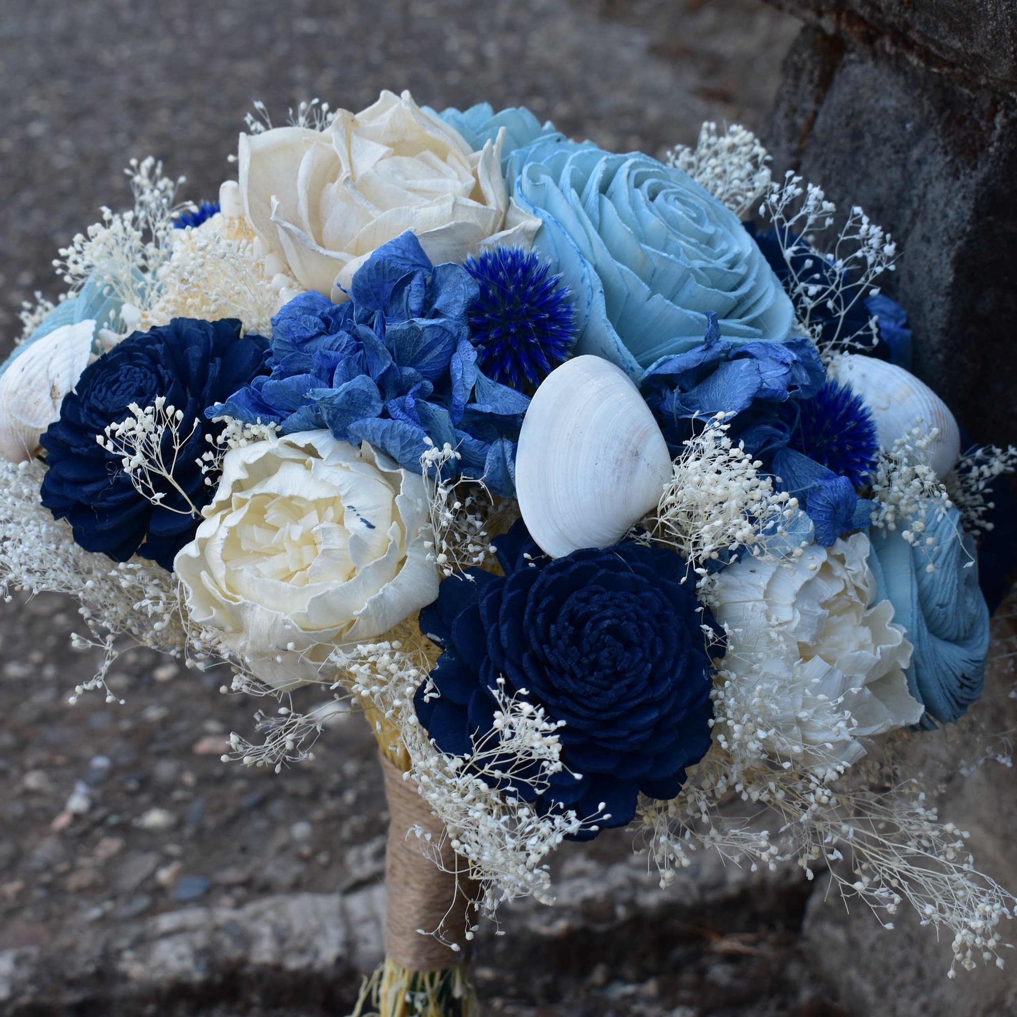 Blue, Ivory, and Slate Wood Wedding Sola Flower Bouquet, "Nautical Blues" - Thumbnail 4