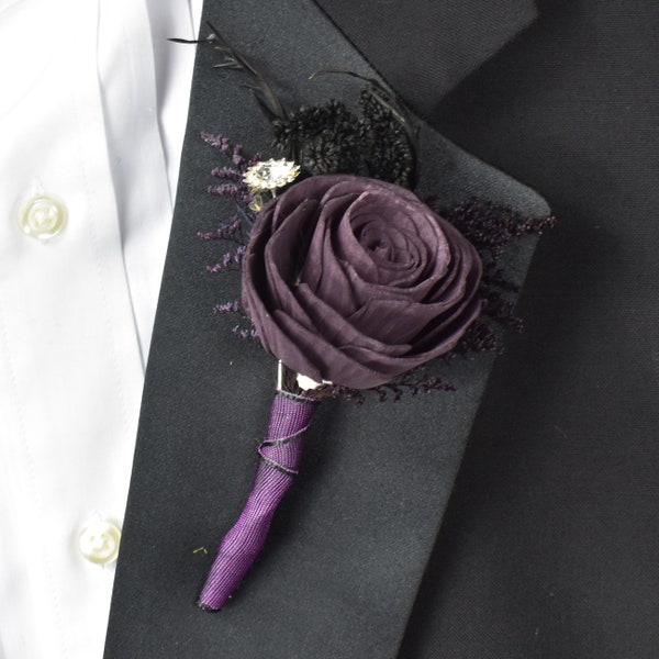 Purple and Black Wood Sola Flower Boutonniere "Spellbound"