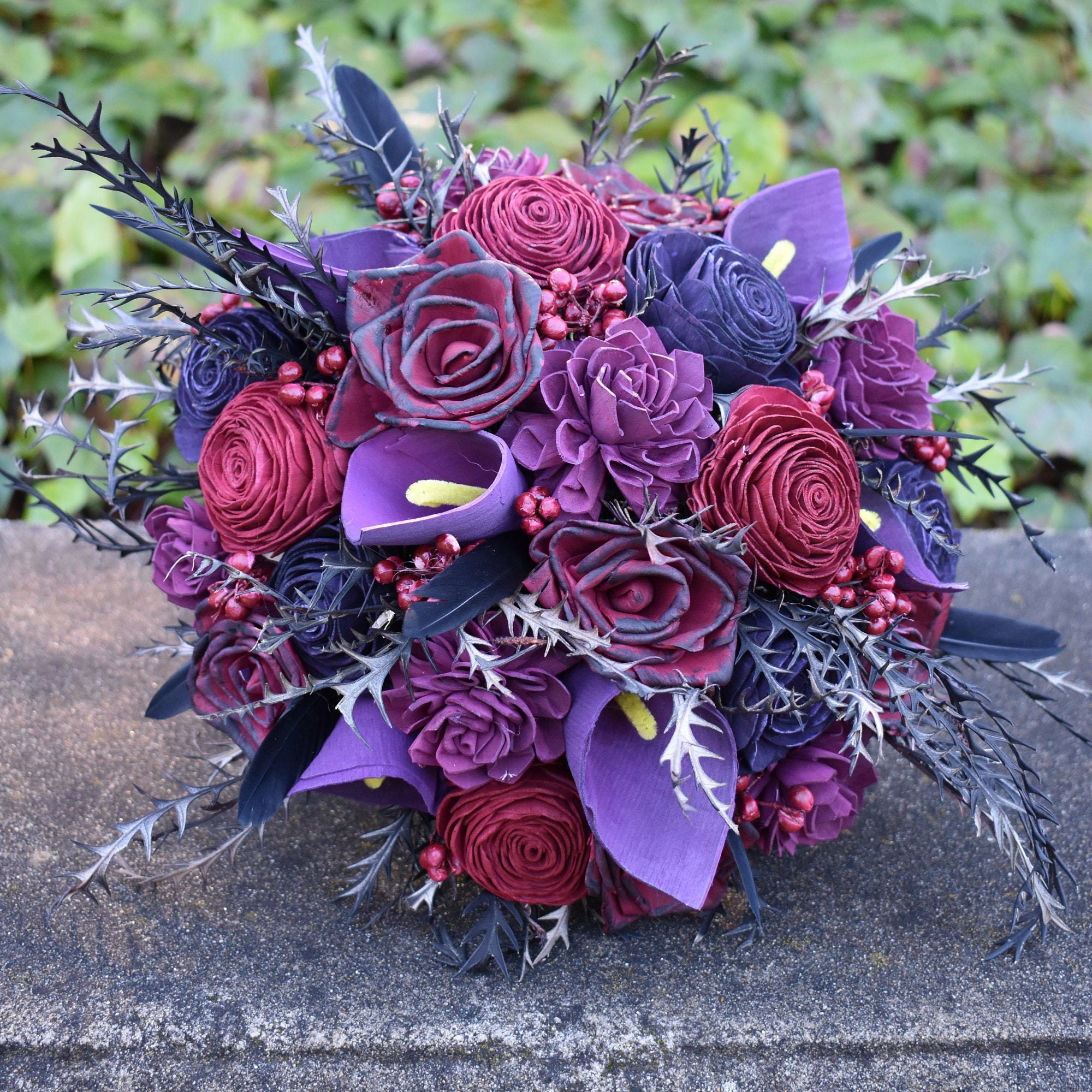 Black Magic Halloween Maroon and Purple Wood Wedding Sola Flower Bouquet