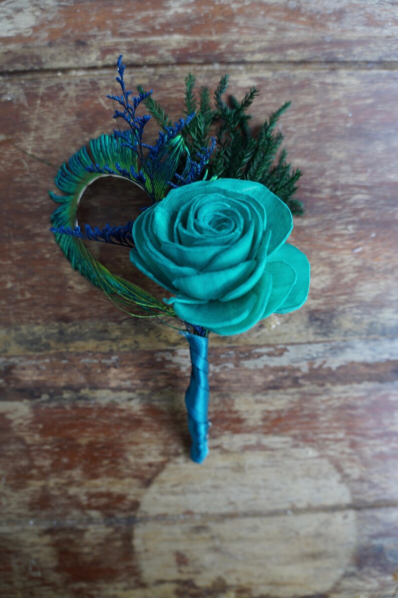 Peacock Sola Flower Boutonniere// Wood Flower Boutonierre Etsy