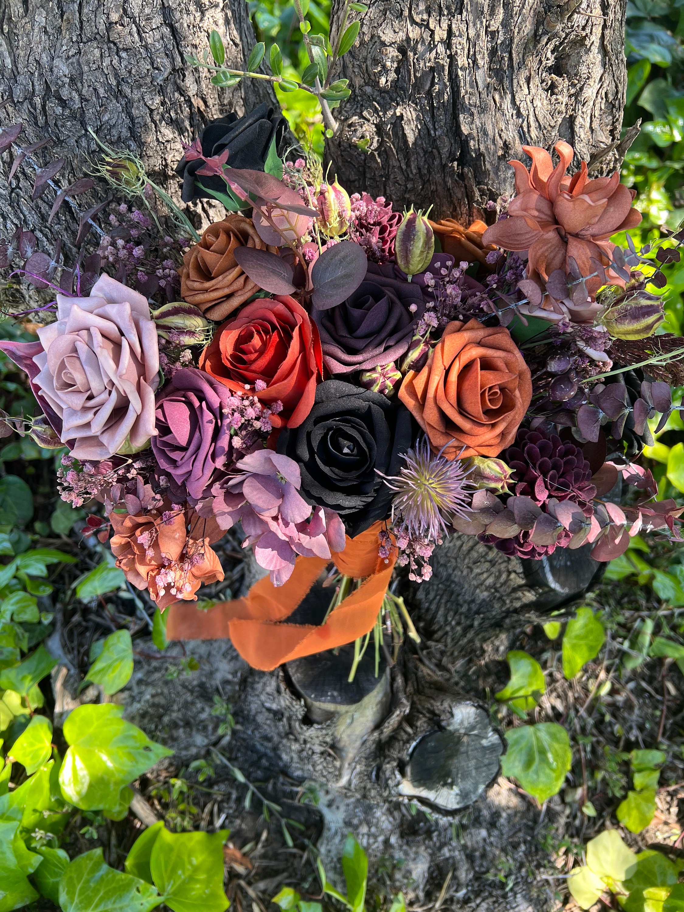Black, Plum and Terracotta Halloween Artificial Flower Wedding Fall Bouquet, "Rhiannon" - Thumbnail 4