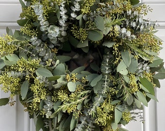 Fresh and Fragrant Seeded Eucalyptus, Rosemary and Spiral Eucalyptus Handmade Greenery Wreath