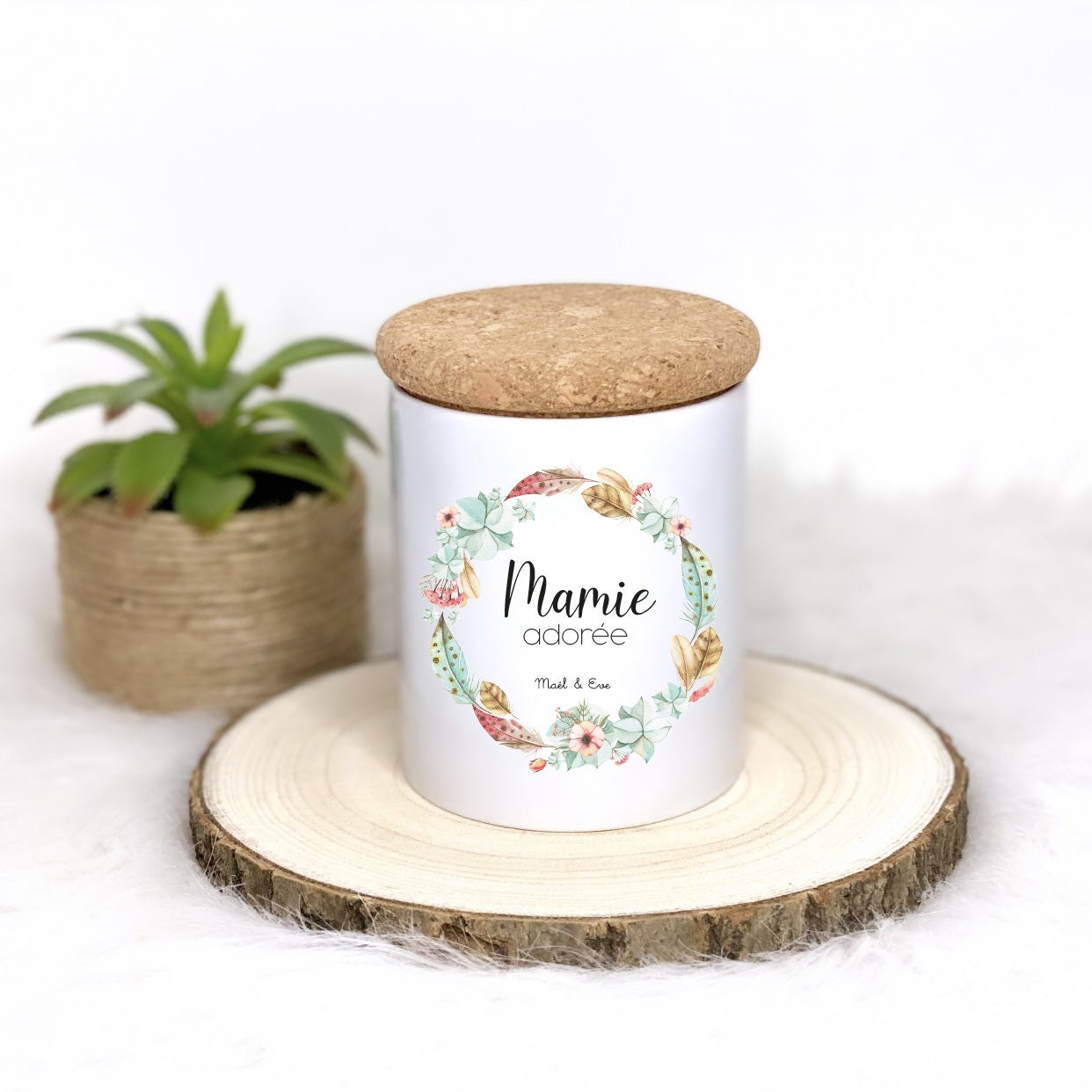 Bougie Personnalisée Grand-Mère/Mamie/Maman Fleurs & Plumes