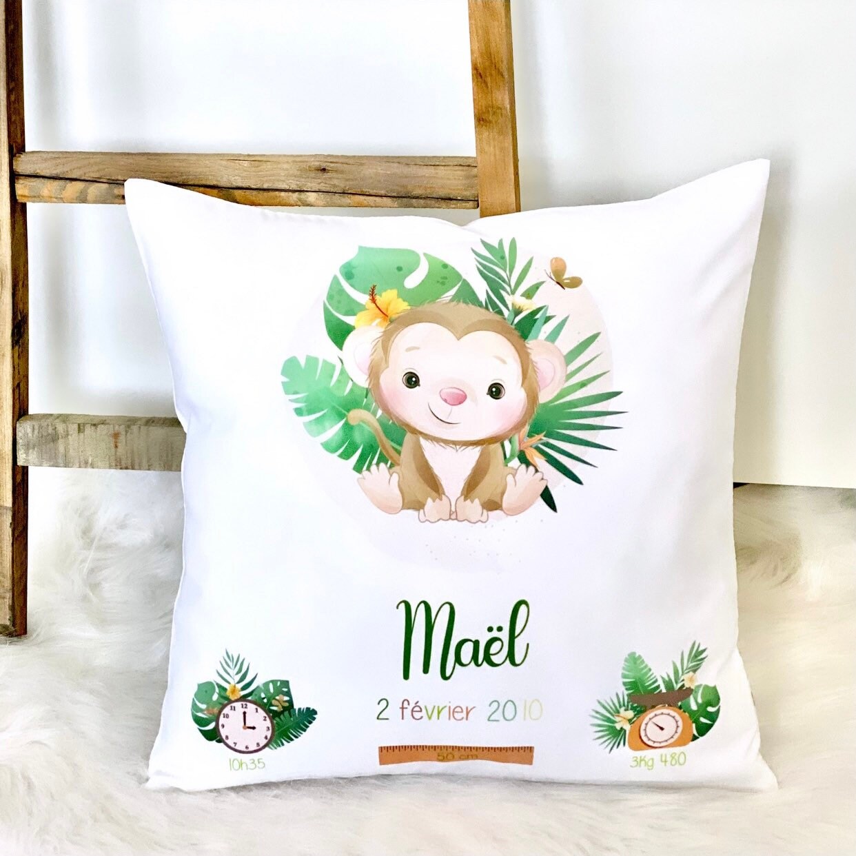 Coussin de Naissance/Cadeau Personnalisé Ouistiti