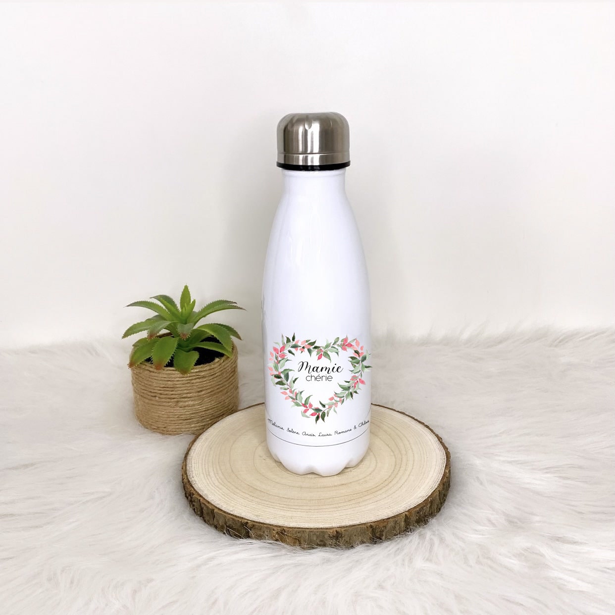 Bouteille Isotherme Personnalisée Grand-Mère/Mamie/Maman Feuillage en Coeur