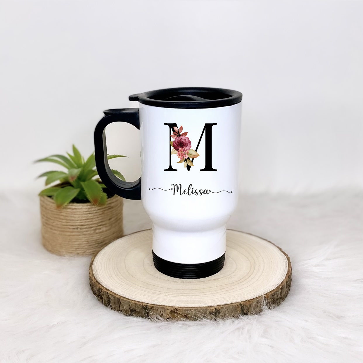 Mug Isoherme/Tasse de Voyage Personnalisé Initiale Fleurie Bordeaux