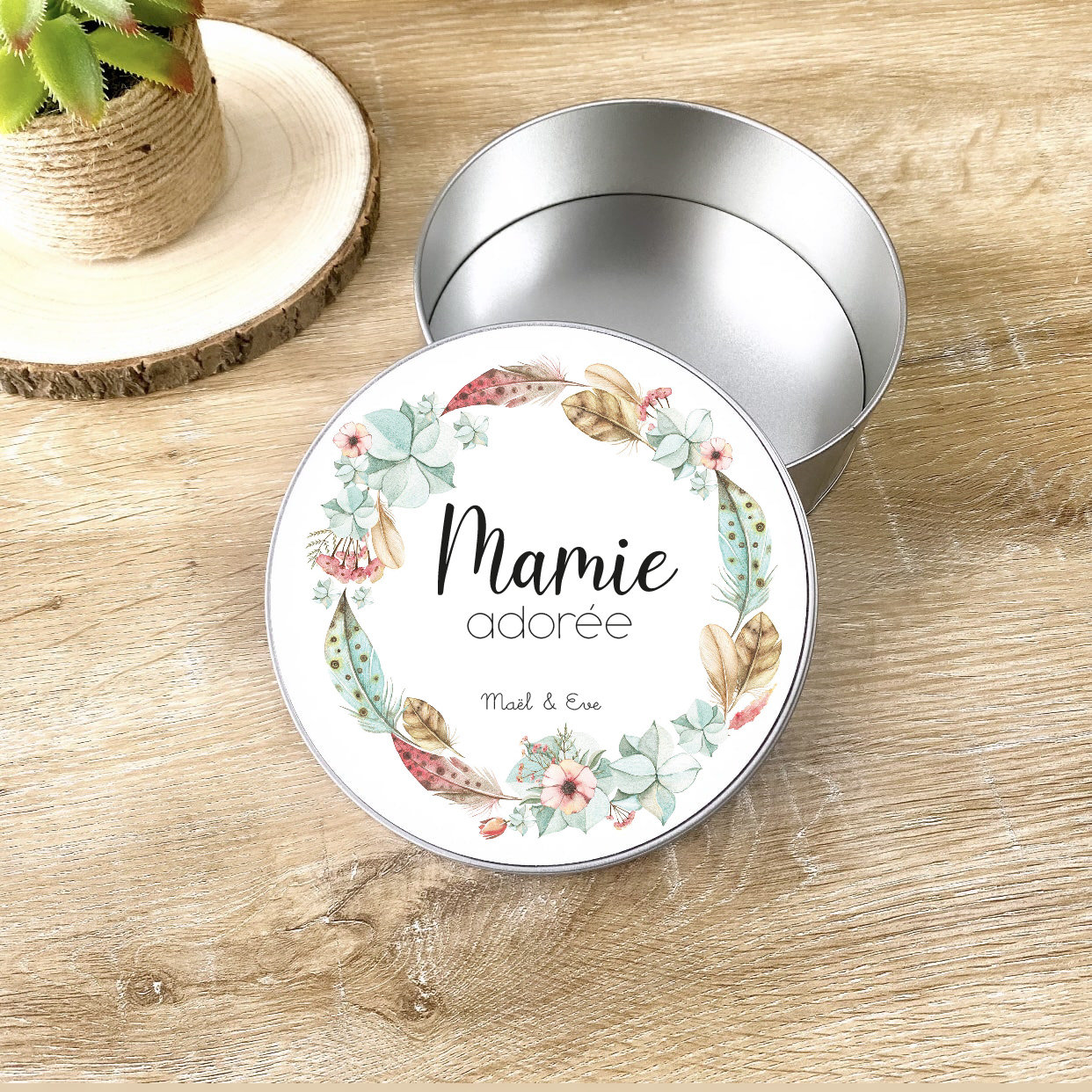 Boîte Ronde Personnalisée Grand-Mère/Mamie/Maman Fleurs & Plumes