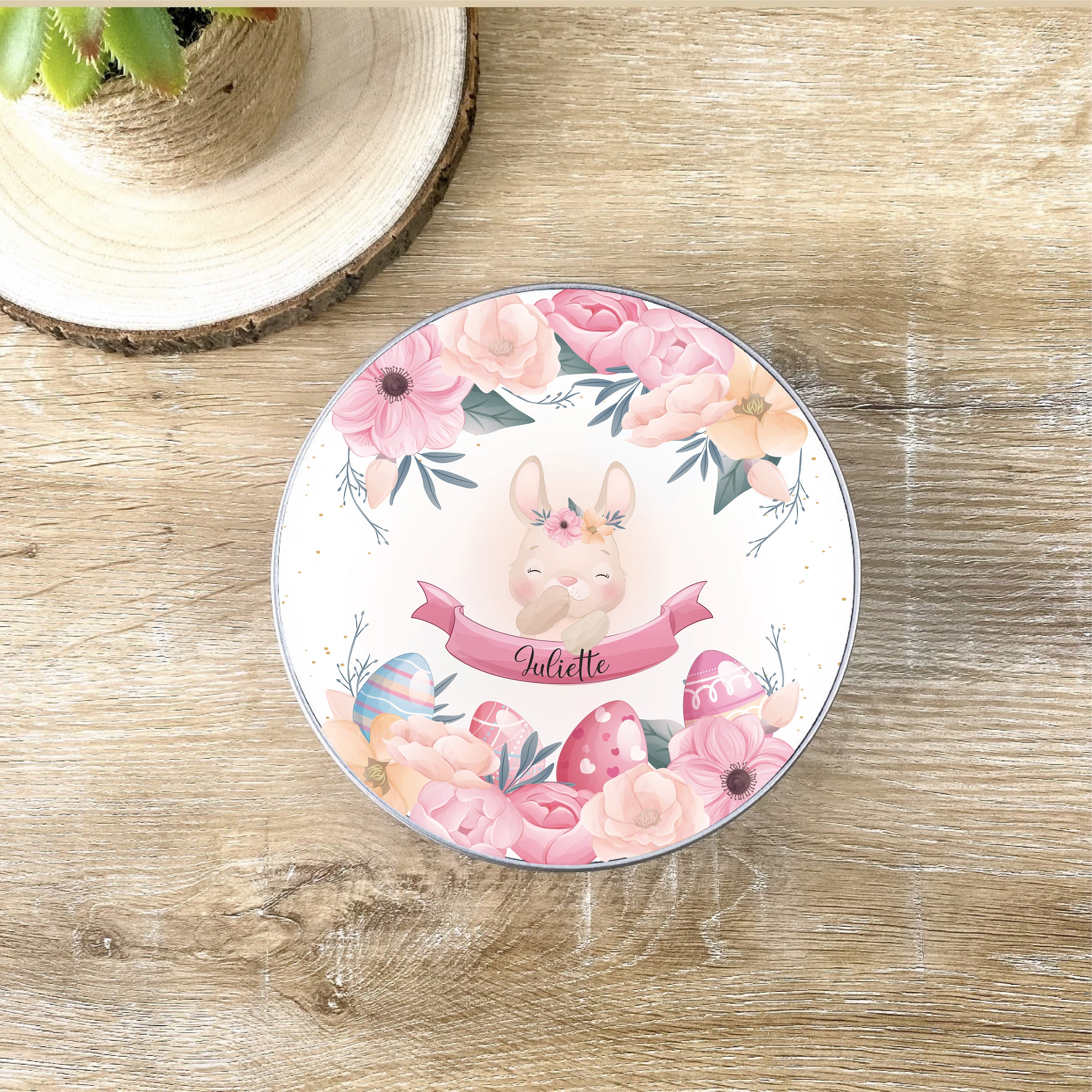 Boîte Ronde Personnalisée Spécial Pâques Lapine en Fleurs