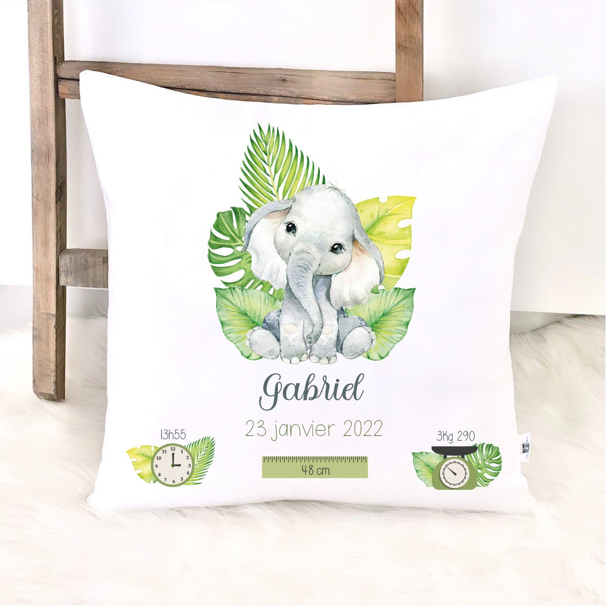 Coussin de Naissance/Cadeau Personnalisé Eléphanteau