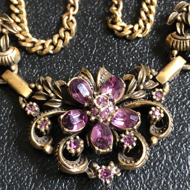 Coro Necklace Earrings Rhinestone Vintage Purple Stones Brass Setting Free Ship