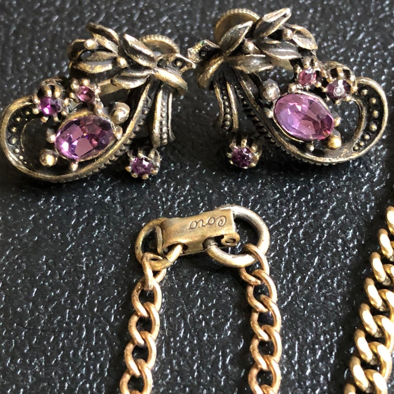 Coro Necklace Earrings Rhinestone Vintage Purple Stones Brass Setting Free Ship
