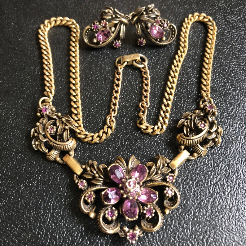 Coro Necklace Earrings Rhinestone Vintage Purple Stones Brass Setting Free Ship
