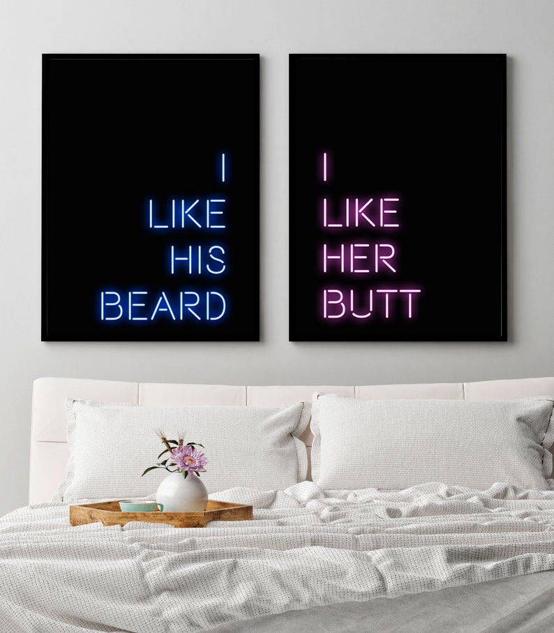 I Like His Beard I Like Her Butt Print Blue Neon Sign Print Picture Neon Light Print Above The Bed Sign Printable Wall Art Bedroom Print