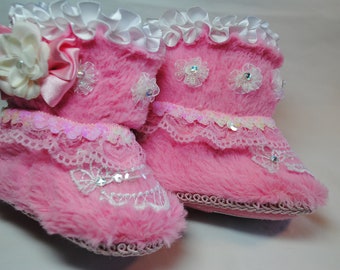 Pink & White Girl's Boots, Size 6-9 months