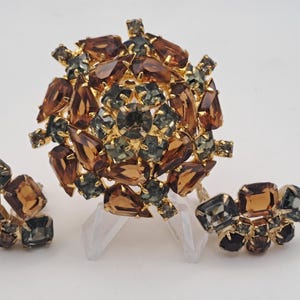 Smoke & citrine rhinestone brooch and clip earrings set