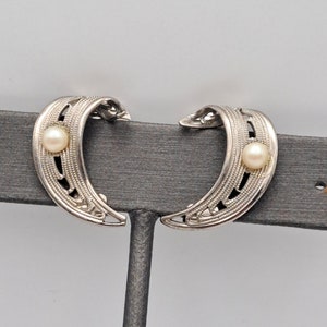 West Germany silver toned filigree and faux pearl clip-on earrings