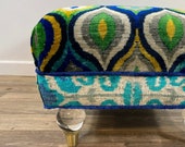 Eclectic Ottoman with Velvet Ikat and Lucite Legs