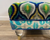 Eclectic Ottoman with Velvet Ikat and Lucite Legs