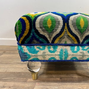 Eclectic Ottoman with Velvet Ikat and Lucite Legs
